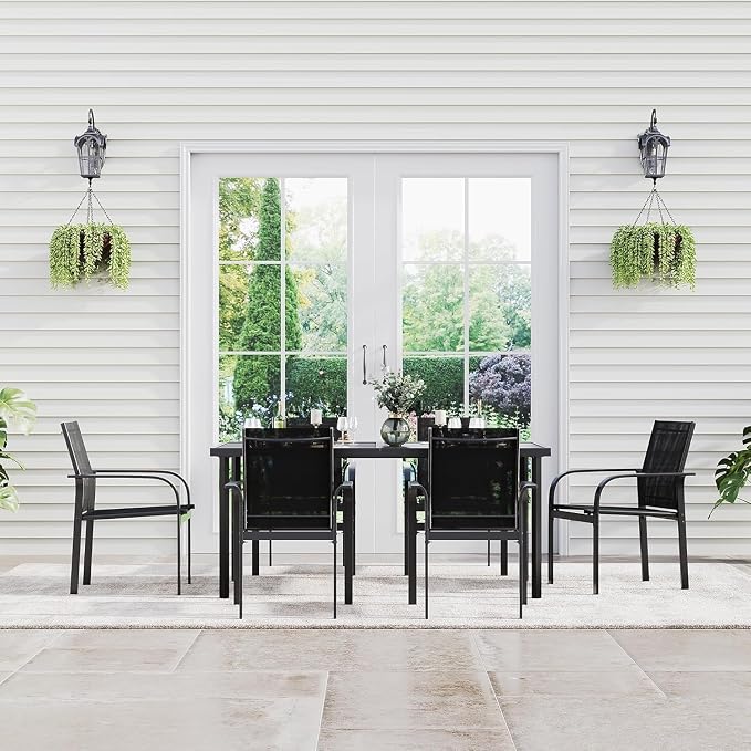 Garvee 7 Piece Patio Dining Set, Black Dining Table with 6 Black Chair | Outdoor Furniture with 55" Rectangular Iron Table & 6 Textilene Chairs, All Weather Designed, Suitable for Backyard Garden