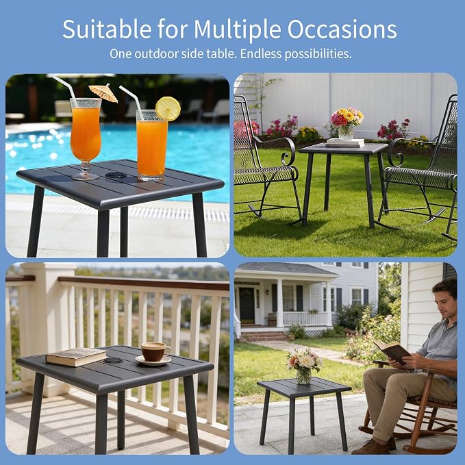 Small Metal Outdoor Side Table with Umbrella Hole Set of 2, Sqaure Patio Coffee Bistro Table End Table, Umbrella Table with Hole for Poolside Yard Porch Deck Balcony,19.7x19.7 inches, Gray