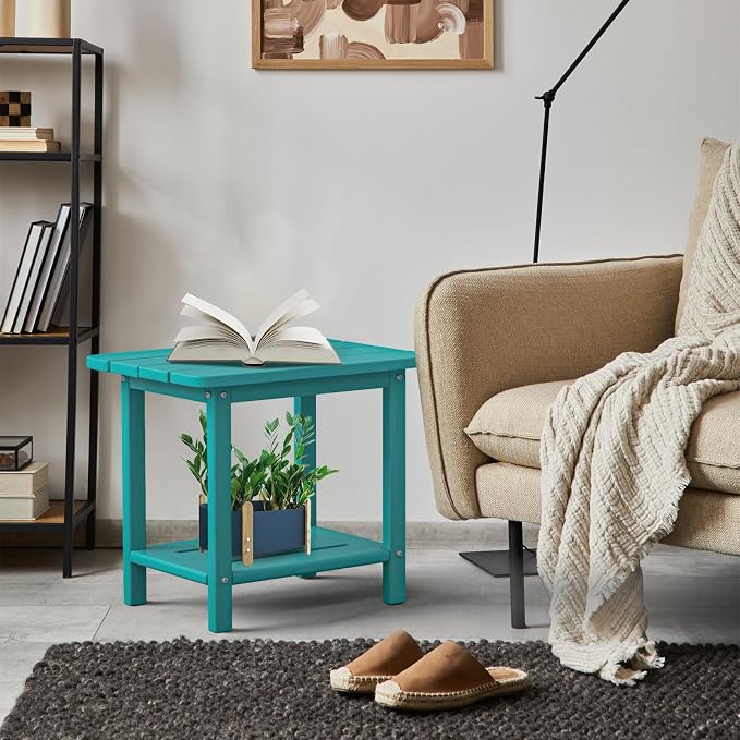 nevilywood 2-Tier End Table, Outdoor Adirondack Side Tables, Whether resisted HDPE, Wood Texture - Poolside, Patio,Lawn & Aruba Blue