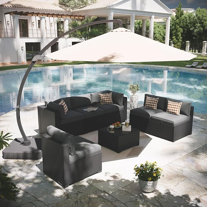 Aoxun Patio Furniture Set with Umbrella, 8 Piece Outdoor Sectional Sofas, Wicker Rattan Outdoor Furniture with Thickened Cushion for Backyard, Garden Light Grey