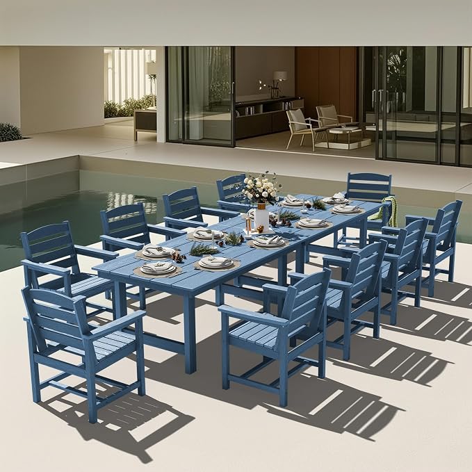KINGYES 12 Piece Patio Dining Set, HDPE Outdoor Table and Chairs Set with Umbrella Hole, Navy