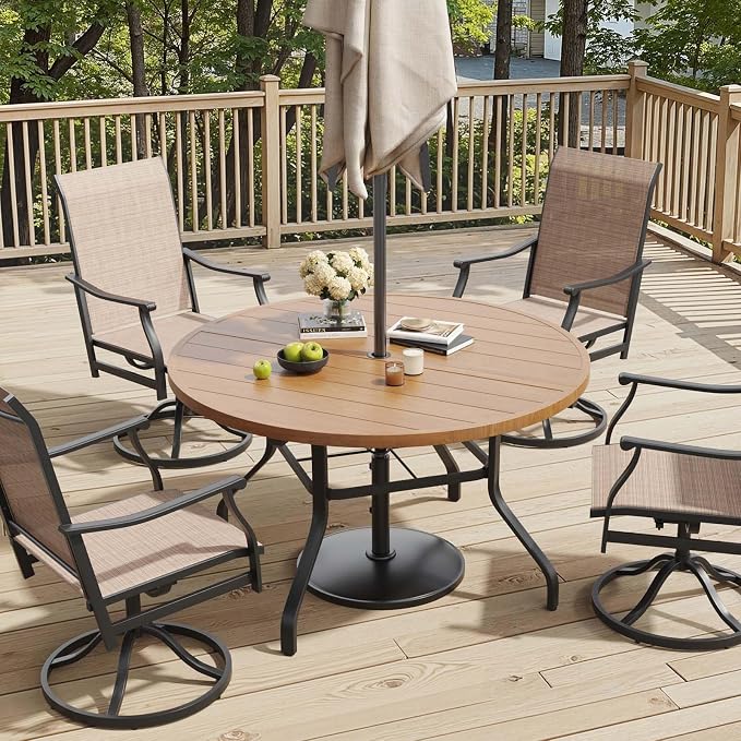 HRVEOCEI 47" Outdoor Round Table with Umbrella Hole, Metal Patio Dining Tables for Lawn Garden, Wood-Like Grain Bistro Table Outdoor for Backyard,Poolside,Deck,Por (Black+Natural, Round)