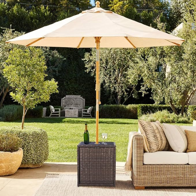 SUNNYPARK Outdoor Umbrella Side Table with 2 Weight Bags, 2-in-1 Patio Table with Umbrella Hole, All-Weather Handwoven PE Rattan Umbrella Base Stand for Deck Yard Garden Balcony Poolside