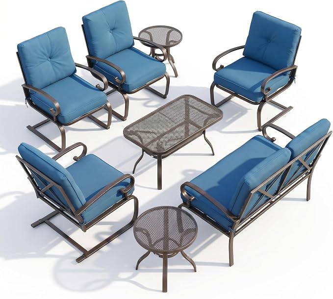 Oakcloud 8Pcs Metal Outdoor Furniture Patio Conversation Set (4 Spring Chairs, Loveseat, Bistro Table, 2 Coffee Tables) - Wrought Iron Patio Chair Set with Cushions (Blue)
