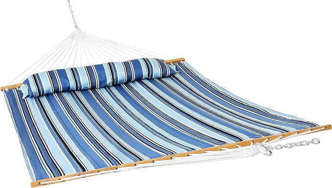 Sunnydaze Quilted Double Hammock for Outside with Spreader Bars and Pillow - 450 lb Capacity, 74x55 Inch Bed, UV Resistant, Quick Dry - Chains Included, Stand Sold Separately - Misty Beach