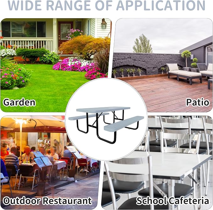 4 FT Metal Picnic Tables for Outdoors, Industrial Expanded Metal Patio Dining Table with Benches & Umbrella Hole, Outside Table Rectangular Table Furniture Set for Garden, Lawn, Parks
