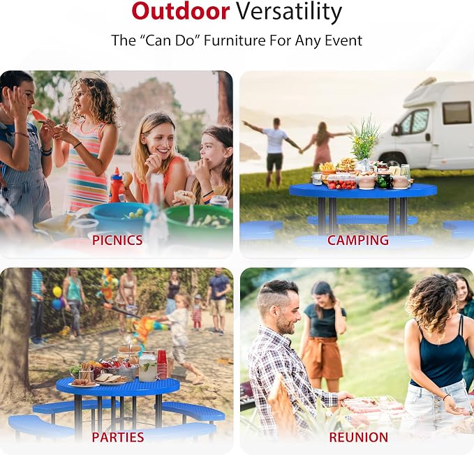 Leisure Craft Metal Picnic Table with Bench - 46" Round Outdoor Dining Table for 8 with Umbrella Hole, Weatherproof Heavy Duty Thermoplastic Coating, Commercial Grade Furniture Made in USA - Blue