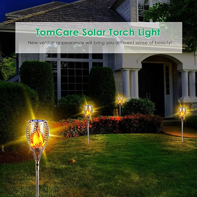 TomCare Flickering Flame Solar Torch Lights Outdoor, 43" Tall, 4 Pack | Realistic 99-LED Flame Effect, Charges in 6-8 Hours, 10-12-Hour Runtime, IP65 Waterproof, Auto On/Off for Yard, Patio, Garden