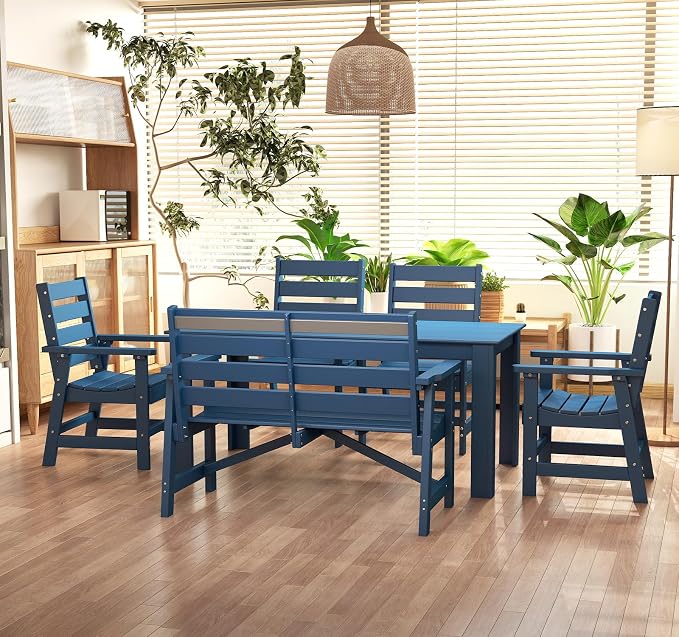 BRIOPAWS Outdoor-Dining-Table-Set | 6 Piece | HDPE | 1 Bench and 4 Chairs Sets for 6 | Patio Dinner Furniture | All Weather | Umbrella Hole | for Poolside Deck Backyard Outdoors | Blue