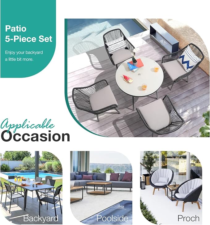 Patiorama Outdoor Dining Table, 35'' Patio Round Table, All-Weather Rope Rattan Wicker Patio Dining Table, Patio Tempered Glass Table w/Umbrella Hole, Outdoor Coffee Table for Lawn Garden Pool(Black)