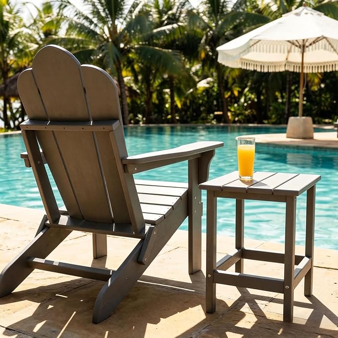 AMILY HDPE Outdoor Adirondack Side Table, Weather Resistant Patio End Table, Heavy Duty Rectangle Side Table for Garden, Balcony, Poolside, Easy Assembly (Grey)