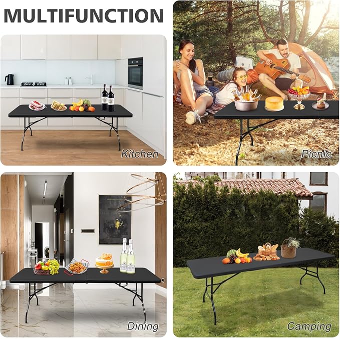 Portable 8Ft Folding Table, Heavy Duty Plastic Fold-in-Half Utility Foldable Dining Table, Multi-Purpose Plastic Folding Table with Carrying Handle for Camping and Party Indoor/Outdoor (Black)