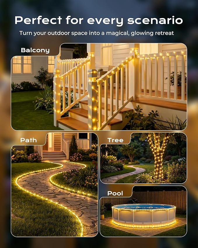 Brightown 39FT 100LED Warm White Solar Rope Lights Waterproof | IP65 waterproof solar fairy lights with 8 lighting modes, solar powered, perfect decor for yard, garden and outdoor tree