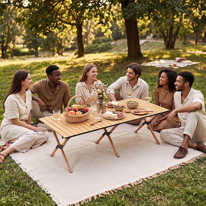 Wesiti 2 Pcs Low Picnic Table Foldable Lightweight Picnic Table Set 59" x 21" with Extra Large Outdoor Camping Blanket Sandproof Boho Beach Woven Cotton Yarn Blanket for Camping Beach Patio