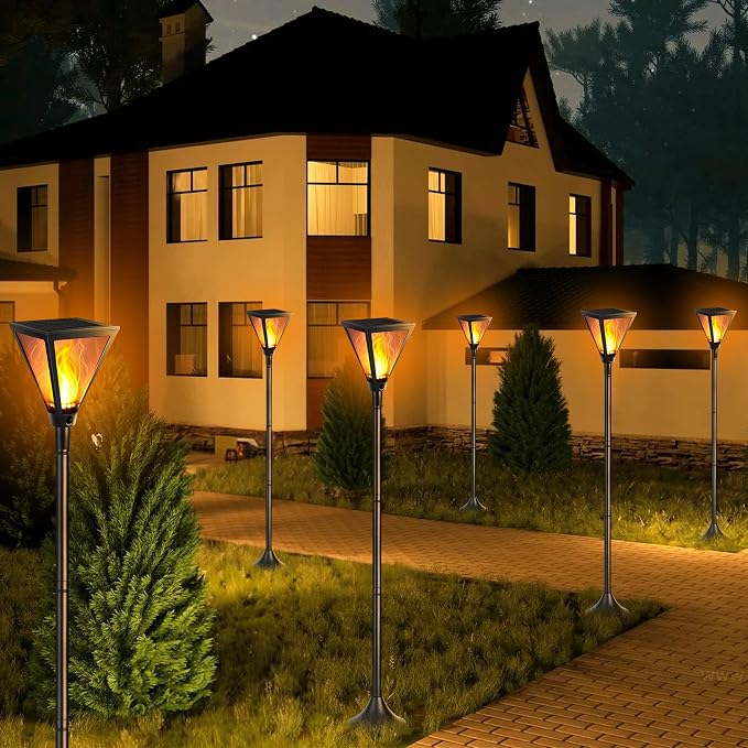 iBaycon 2 Pack 55in Solar Flame Post Lights Outdoor Landscape Pathway Lamp | Solar Garden Lights Warm White, Flickering Flame Light Outdoor Waterproof for Yard Lawn Pathway Landscape Decorations