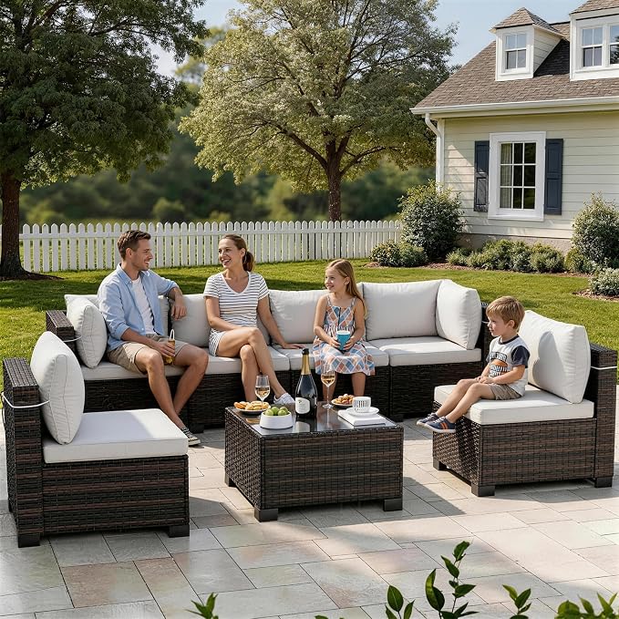 LAFWLL 7 Pieces Outdoor Patio Furniture Sets,Rattan Conversation Sectional Set,Manual Weaving Wicker Patio Sofa with Tea Table