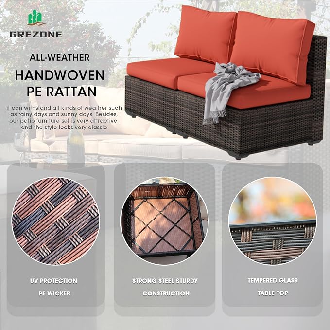 Grezone 9 Piece Patio Furniture Set with 44" Fire Pit Table, Outdoor Sectional Couch, PE Rattan Patio Conversation Sets with 4inch Cushions for Backyard Red