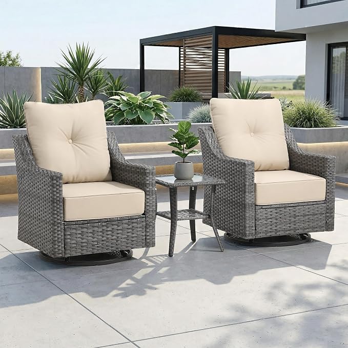 3 Piece Patio Furniture Set, Grey Wicker Outdoor Conversation Set with 2 Swivel Rocker Chairs and Side Table, 6-Inch Thick Cushions, High Back Seating, Beige Covers for Porch, Deck