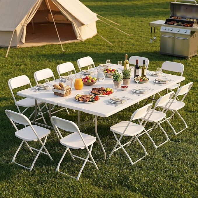 DUMOS 8 Feet Folding Picnic Table, Plastic Table with Carrying Handle, Heavy Duty Portable Table for Camping Party, White