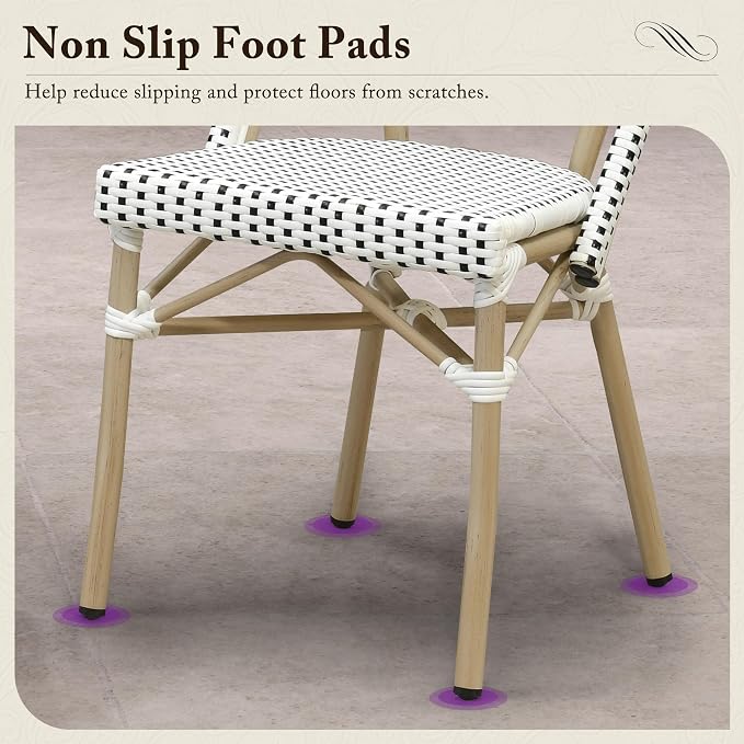 PURPLE LEAF 5-Piece French Bistro Dining Set Square Outdoor Patio Table and 4 Armless Chairs Tempered Glass Top PE Rattan Champagne Print Finish Aluminum Frame White