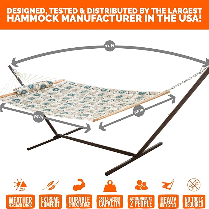 Castaway Living Large 2-Person Quilted Hammock with Stand & Pillow – Medallion, 10 ft. L x 52 in. W, 350 lb Capacity, Weather-Resistant Polyester, Portable Space-Saving Frame