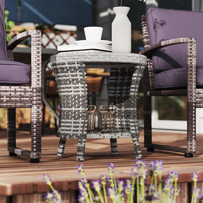 Outsunny 18" Outdoor Wicker Coffee Table, 2-Tier Patio Side Table with Storage, PE Rattan End Table with Composite Wood Top, Steel Frame for Garden Backyard Balcony, Mixed Gray