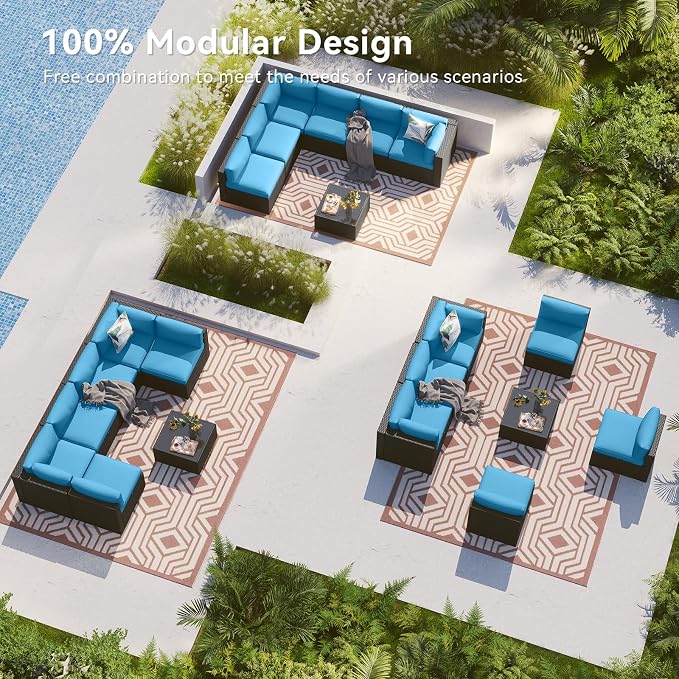 LazySunsets 7 Piece Outdoor Patio Furniture Set with Coffee Table, Outdoor Patio Furniture Sets with 4'' Thicken Cushion, Wicker Rattan Outdoor Conversation Set for Backyard, Peacock Blue