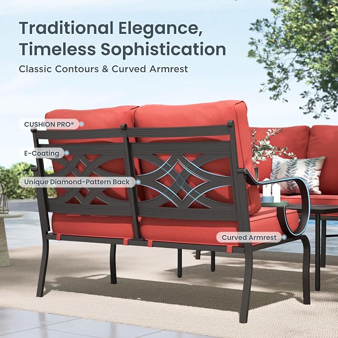PHI VILLA Patio Furniture Set, 4 Rocking Chairs and a 28" Square Fire Pit Table, Outdoor Metal Conversation Set with 5.75" Extra Thick Cushion for Garden Backyard Deck, Red