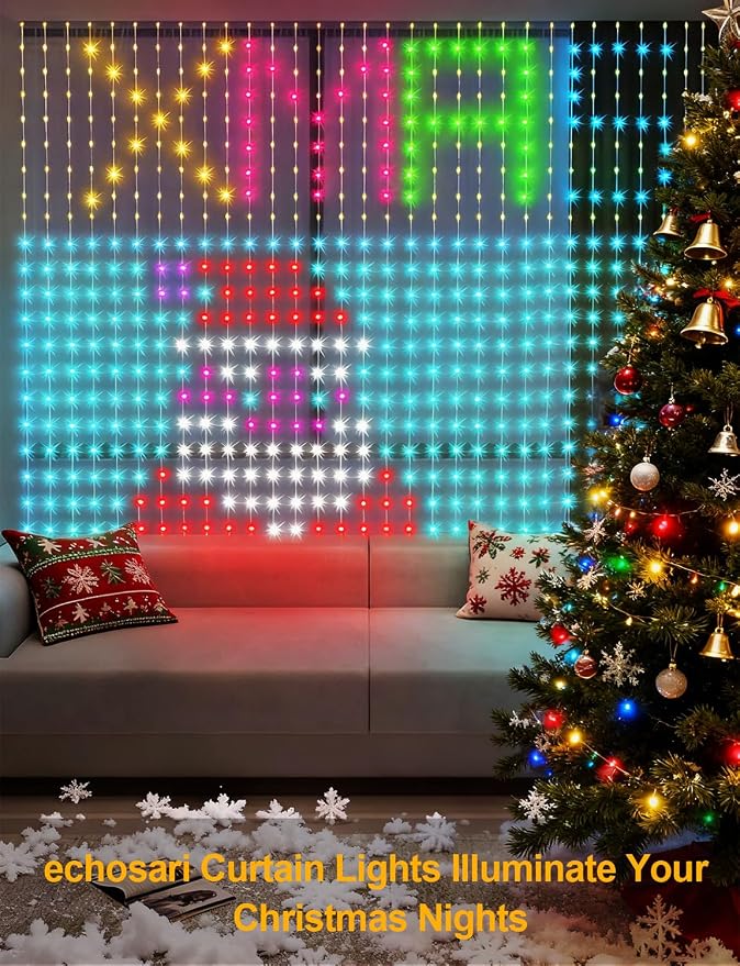 echosari 400 LED Smart Curtain Lights Plug in with App Programmable | 6.6 x 6.6ft RGB&IC DIY Pattern Music Sync for Bedroom Backdrop Decor