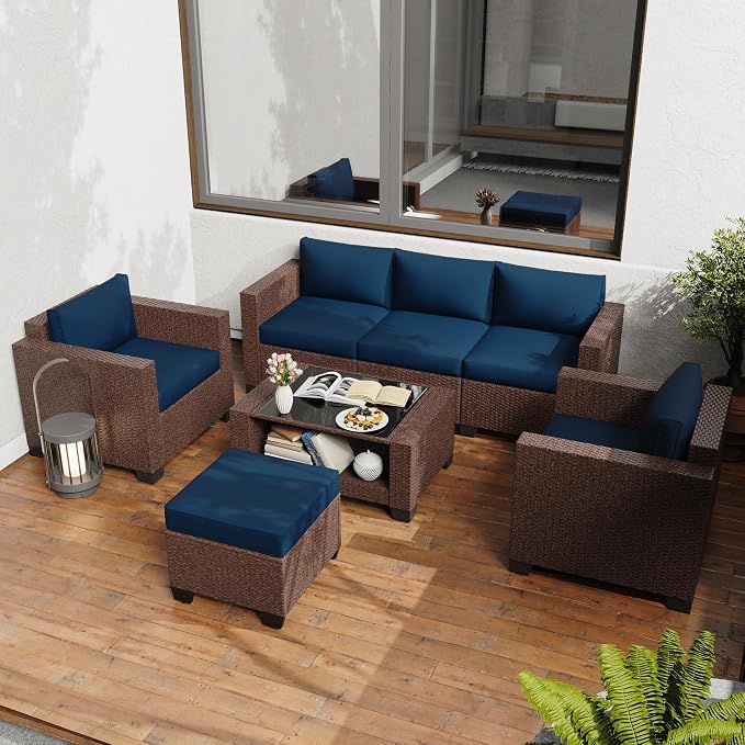 KIGOTY Patio Furniture Set 7 PCS Patio Conversation Sets, All-Weather PE Rattan Outdoor Sectional Sofa with Cushion and 2- Tier Glass Coffee Table(Brown/Dark Blue)