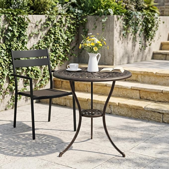 Garvee 23" Round Patio Dining Table with Umbrella Hole,Antique Cast Aluminum Outdoor Bistro Table,Umbrella Table,Side Table,End Table,Outdoor Furniture for Backyard,Garden,Patio,Porch,Bronze