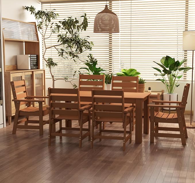 BRIOPAWS Outdoor-Dining-Set | 7 Piece | HDPE | 67" Patio Table and Chairs Sets for 6 | Patio Dinner Furniture | All Weather | Umbrella Hole | for Poolside Deck Backyard Outdoors | Teak