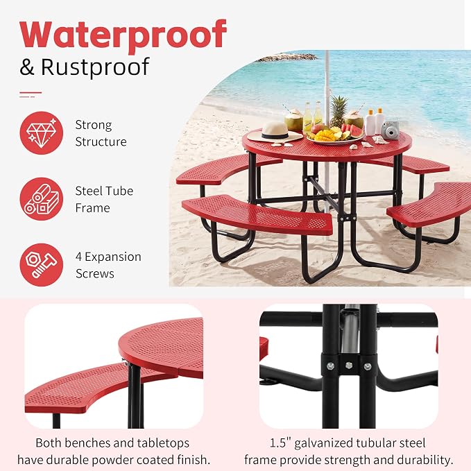 46" Outdoor Round Perforated Picnic Table Metal Camping Table with Umbrella Hole - Heavy Duty Steel Mesh Picnic Bench Set for Backyard Garden Deck, Red