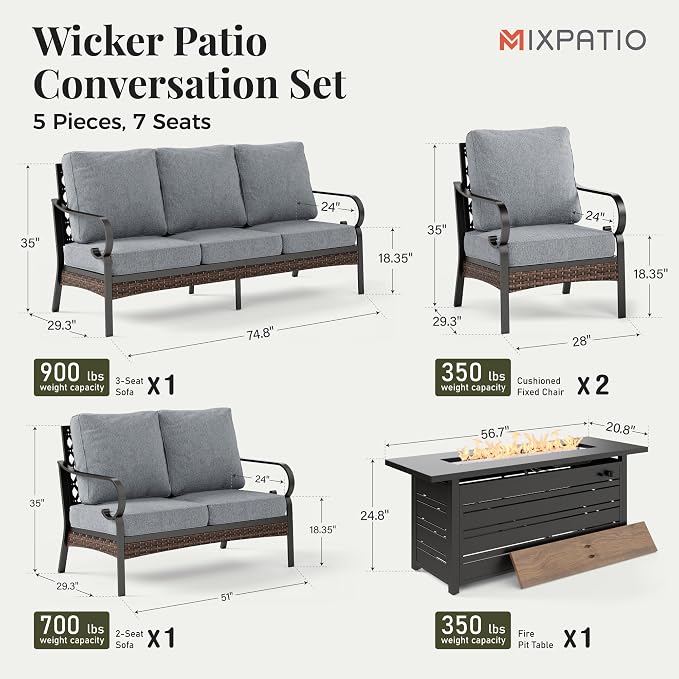MIXPATIO Patio Furniture Set with Fire Pit Table, Metal Outdoor Conversation Set with 5.75'' Extra Thick Cushion, 2 Leg Chairs, Loveseat Sofa, 3-Seat Sofa and Gas Fire Pit Table, Grey