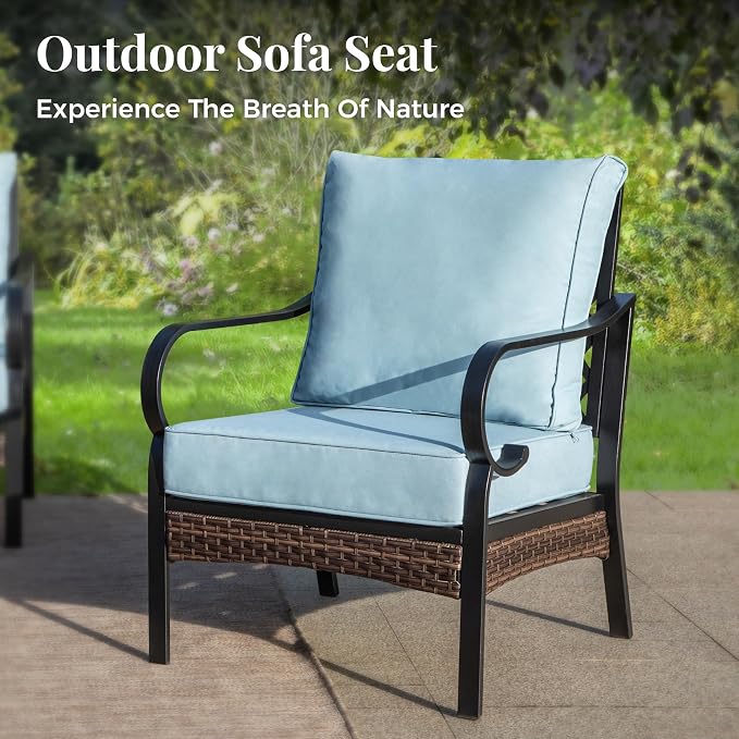 MIXPATIO Patio Furniture Set with Fire Pit Table, 5PCS Metal Outdoor Conversation Set with 2 x Fixed Chairs, 1 x Loveseat, 1 x 3-Seat Sofa and Gas Fire Pit Table for Lawn Garden Backyard, Blue