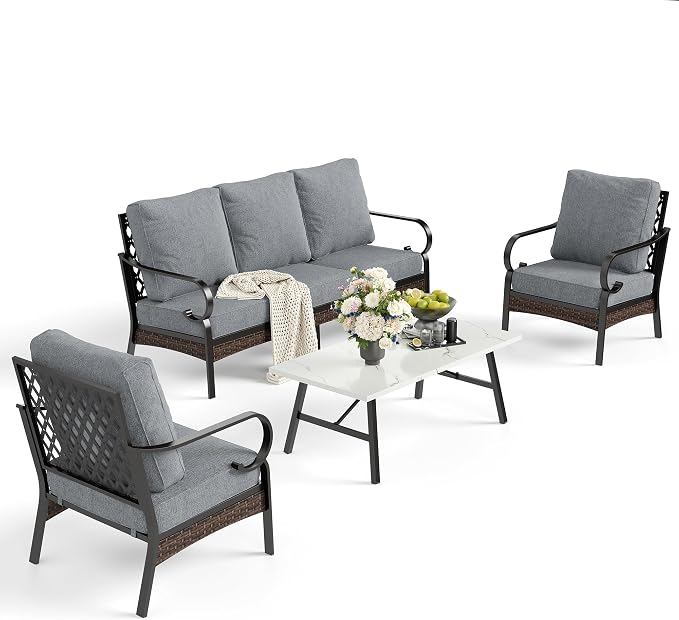 SUNSHINE VALLEY 4 Piece Metal Outdoor Patio Furniture Set, Patio Conversation Sets 1 3-Seater Sofa, 2 Chairs with 5.75" Extra Thick Cushion and Coffee Table, Black Frame Backyard Furniture, Gray