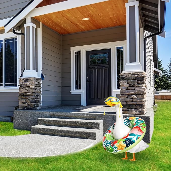 Aliceset 2 Pcs Summer Porch Goose Outfits Hawaiian Pool Goose Cloth Costume Swimsuit with Swim Ring Sunglasses, Fits 23'' Lawn Statue for Patio Yard Garden Outdoor Decor(Flamingo Style)