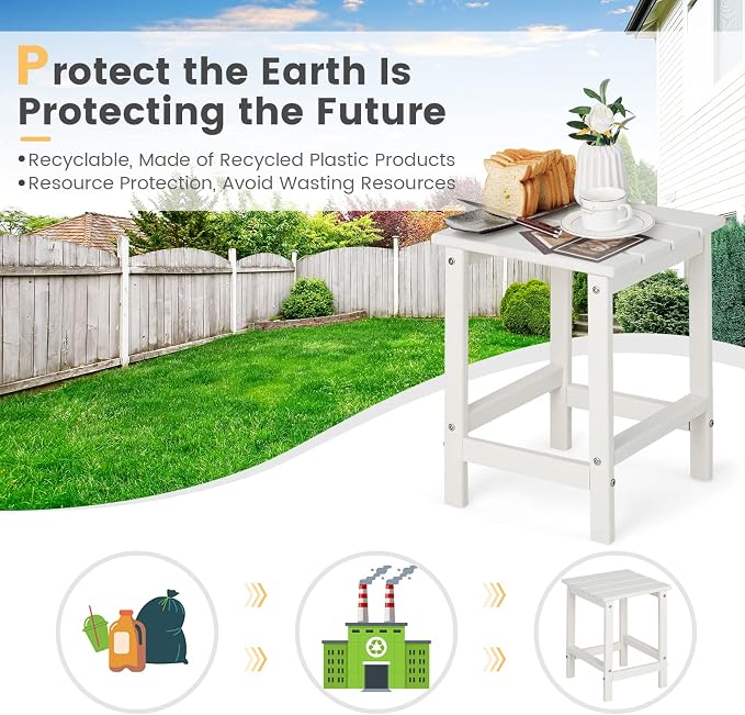 Tangkula Square Outdoor Side Table, Weather Resistant HDPE Adirondack Table, Outdoor Chairside End Tables for Lawn Garden Balcony, Easy Assembly, Patio Side Table, 14 x 14 x 18.5 Inch (1, White)