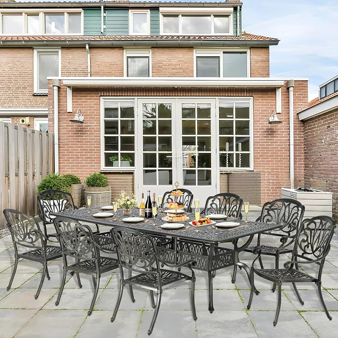 9-Piece Patio Cast Aluminum Dining Set, Outdoor Dining Furniture Set for 8 Person, Includes 94.5" Rectangular Dining Table and 8 Chairs with Umbrella Hole for Patio Deck Garden