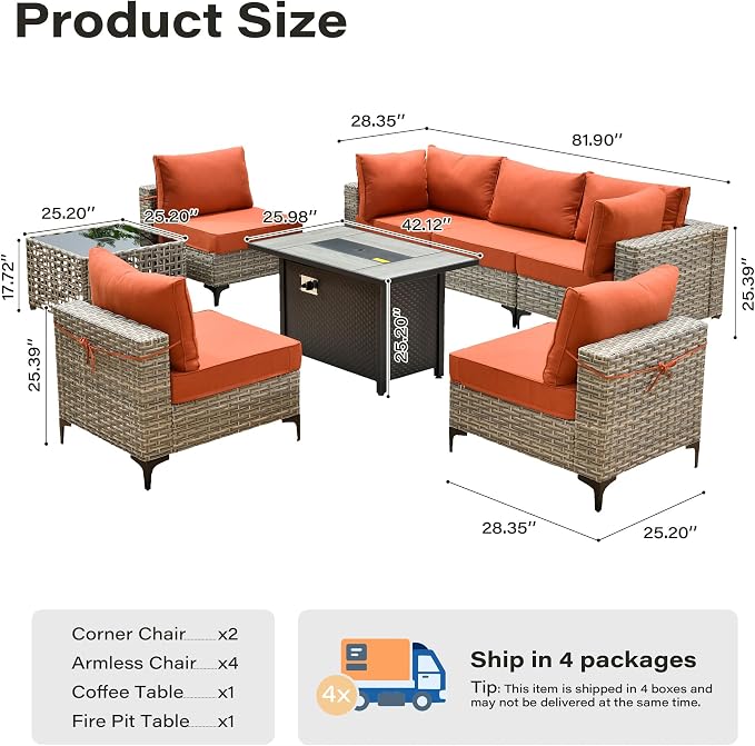 8 Pieces Patio Furniture Set with 42" Fire Pit, All-Weather Rattan Outdoor Sectional Conversation Sets L Shaped Sofas with Solar Light Coffee Table for Porch Balcony Backyard Orange