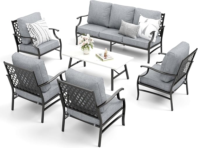 MIXPATIO Patio Furniture Set 6 pcs, Outdoor Patio Furniture, 1 X 3-Seat Sofa, 4 X Single Chairs, 1 X Coffee Table and 5.75" Extra Thick Cushion, Patio Conversation Set,Grey