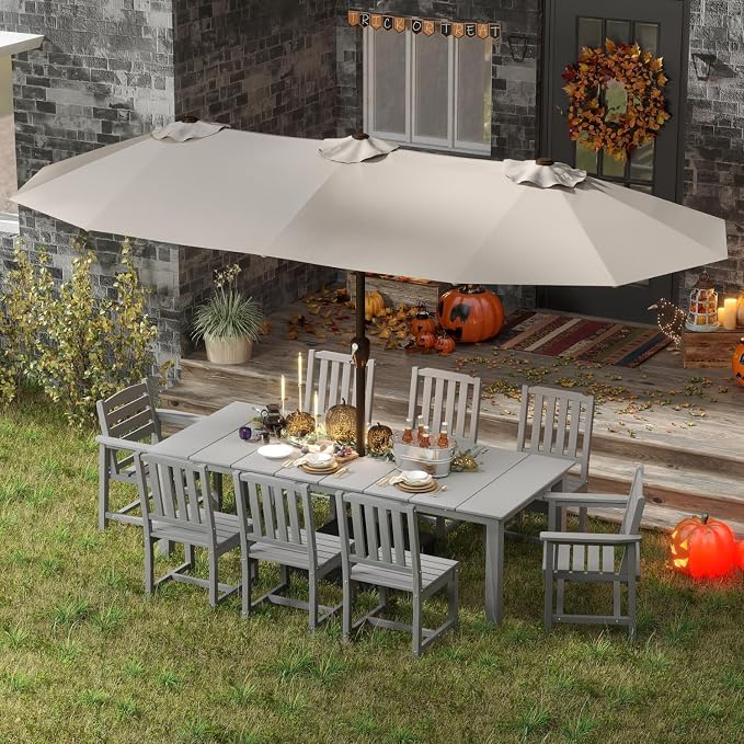 9-Piece Outdoor Dining Set with 15FT Umbrella for 8,Gray | 75.2'' HDPE table, chairs included, weather-resistant furniture with hole, ideal for lawn, poolside, yard, garden, deck