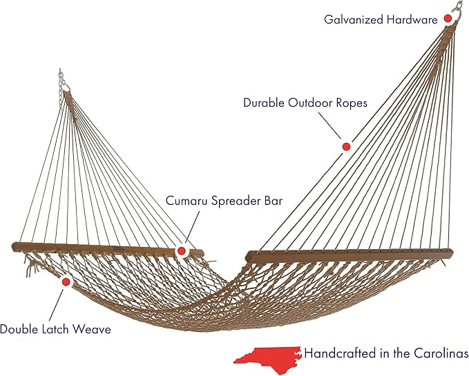 Nags Head Hammocks First Mate Mocha DuraCord Rope Hammock – 12 ft. x 50 in., 450 lb Capacity, Cumaru Spreader Bar, Galvanized Hardware, Handcrafted in USA, Free Chains & Tree Hooks
