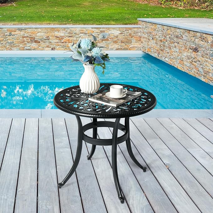 23.6" Cast Aluminum Outdoor Dining Side Table,Round Patio Dining Table,All-Weather Outdoor Dining Table,with Umbrella Hole,for Garden Pool Deck Lawn Backyard (Black)