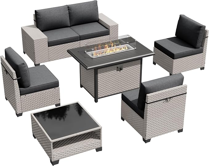7-Piece Outdoor Patio Furniture Set with Fire Pit, Modular Sectional Sofa Set with Glass Coffee Table and Cushions, Wicker Outdoor Couch Conversation Sets, Black