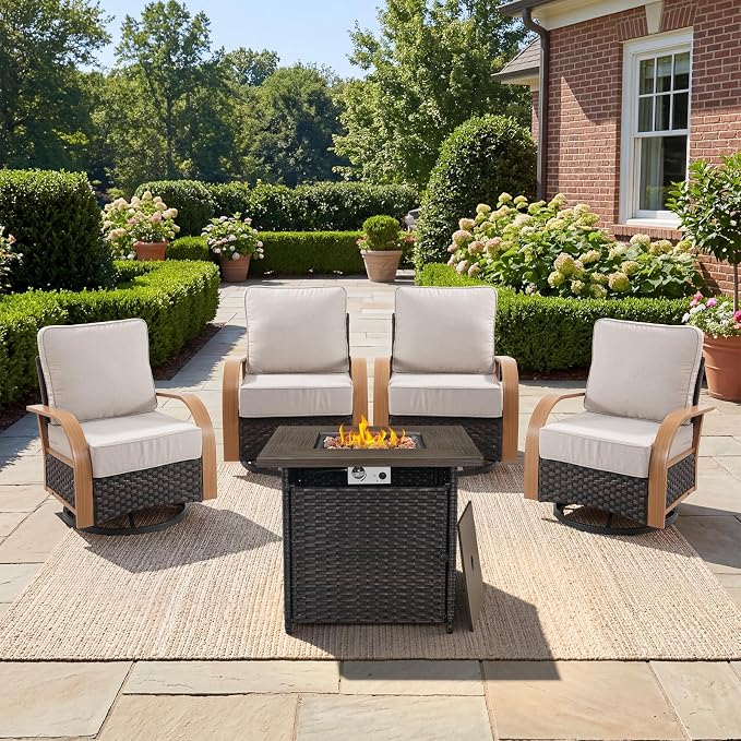 Belord 5 Piece Patio Furniture Set with Fire Pit Table, 4 Outdoor Swivel Chairs All Weather Conversation Set with 6-Inch Thick Cushions, Wicker Furniture for Deck Proch Pool Yard, Wood & Beige