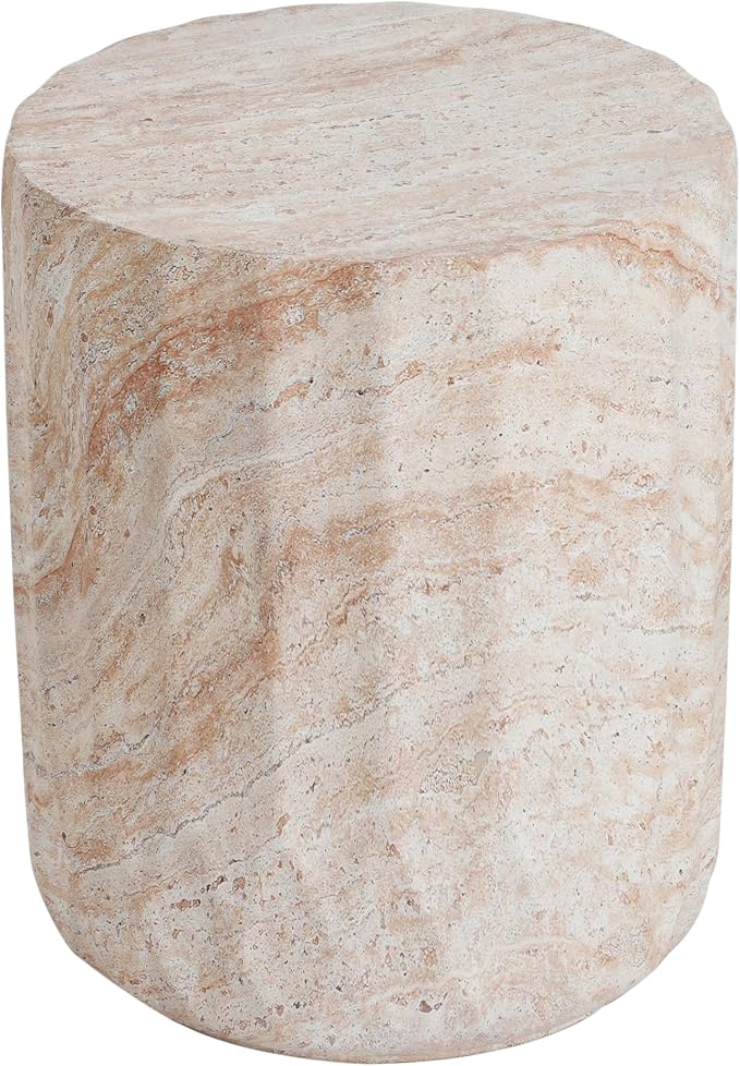 Outdoor Side Table 15" Drum Shape Concrete Side Table, Patio Tables for Outside Decorative Garden Stools, No Assembly Accent Table for Patio Porch Living Room, Beige