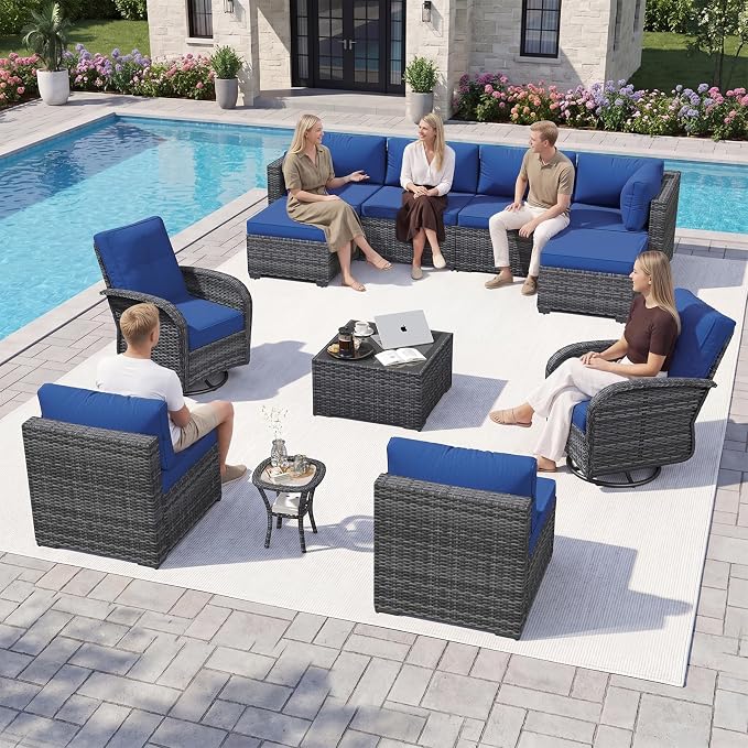 Aoxun 12 Piece Outdoor Patio Furniture Set with Coffee Table, Wicker Rattan Outdoor Furniture with High Back Swivel Rocker Chairs, Outdoor Conversation Set with Thick Cushion & Ottoman, Navy Blue