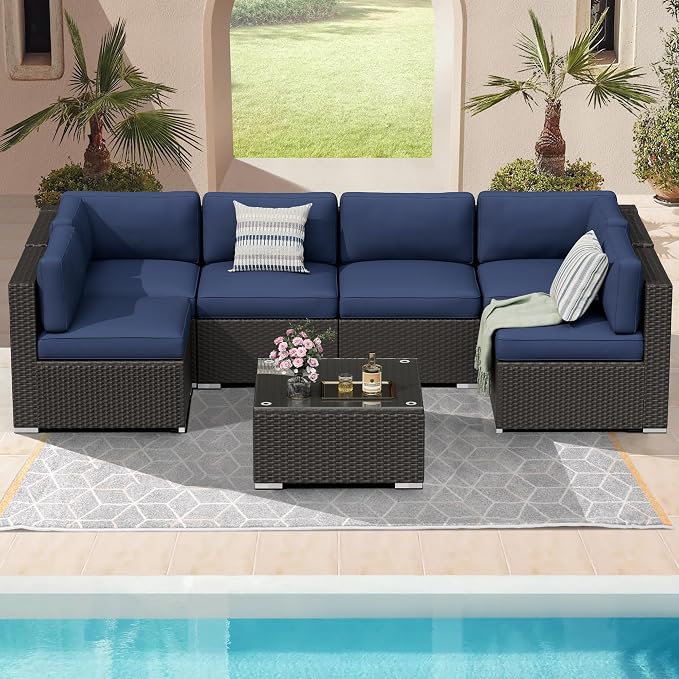 7 Pieces Outdoor Patio Furniture Set, Black Brown Wicker Patio Sectional Sofa Set, Outdoor Couch with Cushion and Tempered Glass Table, Dark Blue