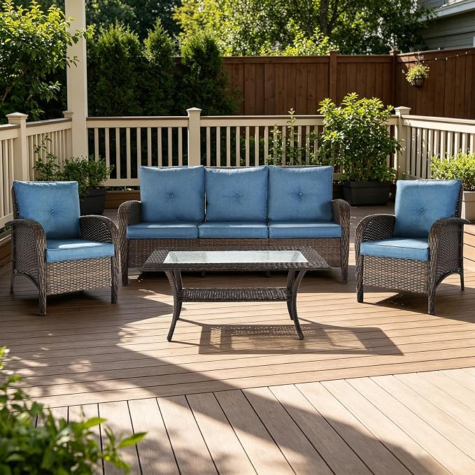Outdoor Swivel Rocker Patio Chairs (Brown Wicker/Blue Cushion, 4PC/Sofa & Chair &Coffee Table)